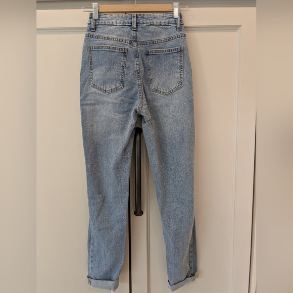 Stretch Mom Jeans In Light Blue Distressed Denim - Picture 3 of 4